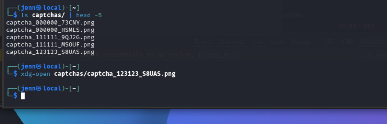 captchas directory listing showing saved CAPTCHA images